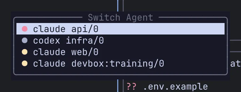 The agent switcher listing agents on the local server and a remote