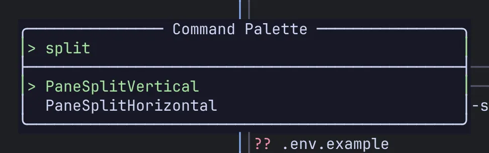 The command palette listing commands